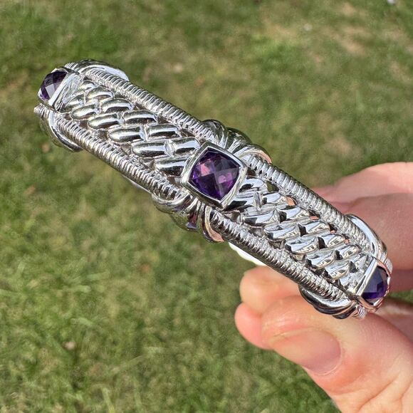 Vintage Judith Ripka Sterling Silver Amethyst Hinged Cuff Bracelet Rope Textured - Picture 12 of 17